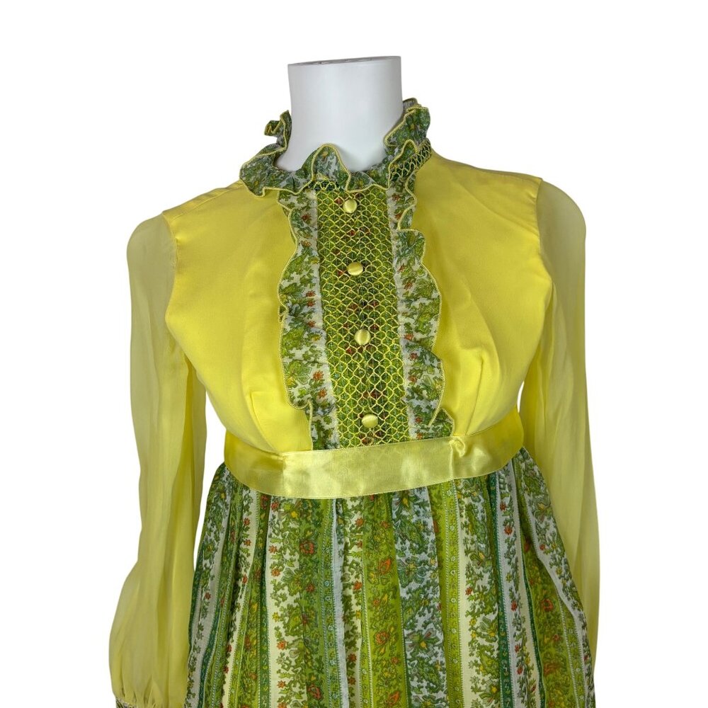 Vintage 70s Maxi Dress Juniors Sheer Yellow Chiffon Sleeves Printed Skirt Bow - Picture 4 of 13